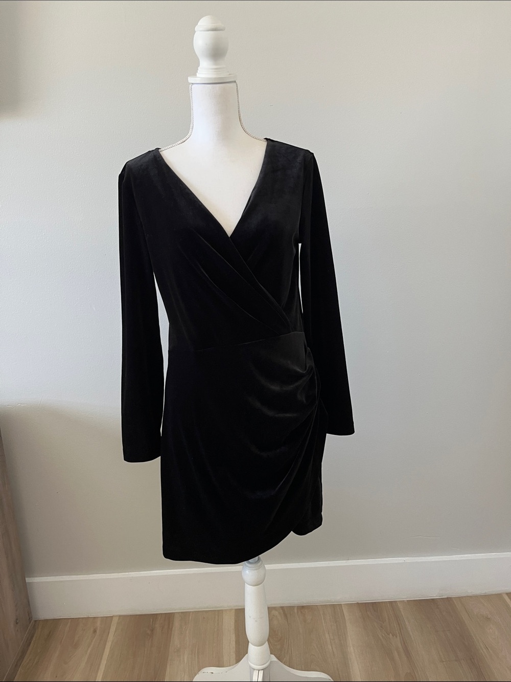 Elodie Black Velvet Long-Sleeve Wrap Dress